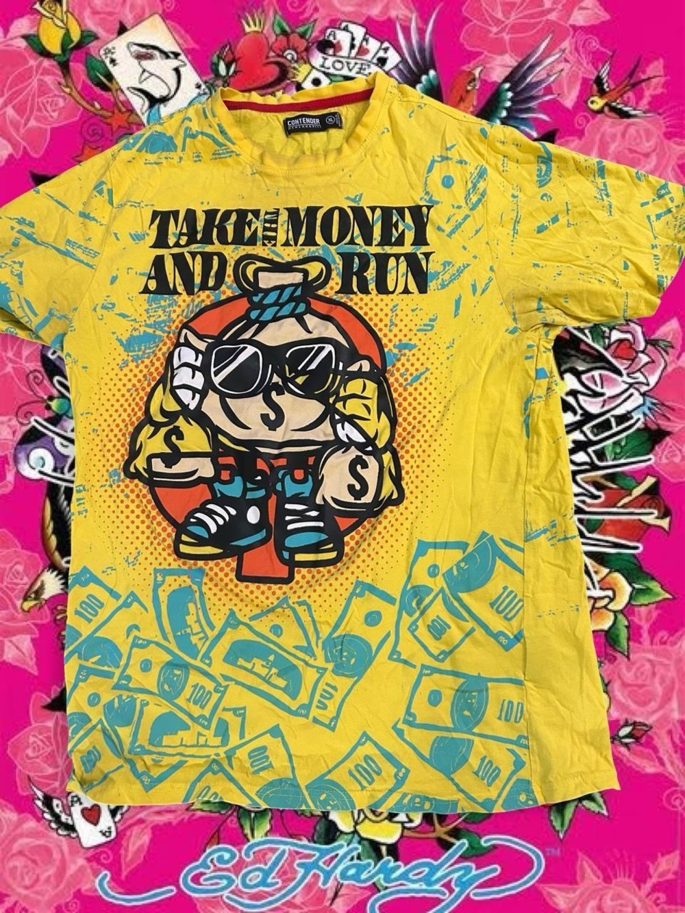 Men's Yellow 'Take Money and Run' Graphic Short Sleeve Tee